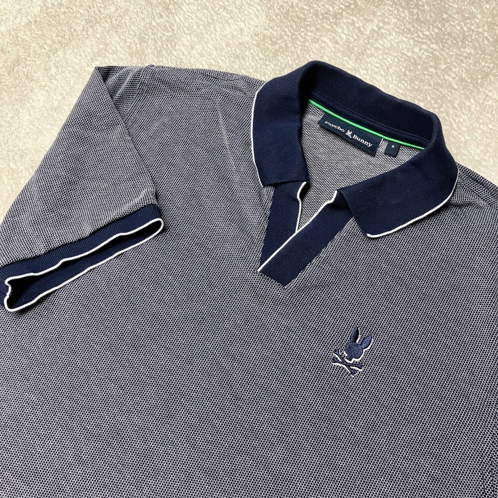 Psycho Bunny Polo Shirt Open Johnny Collar Blue Micro Pattern Peru Mens 6 / XL